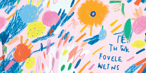 Colorful hand drawing pink blue elements, flowers, shapes and text in the style of risograph native art, abstract psychedelic art, a pencil drawing, vector seamless pattern