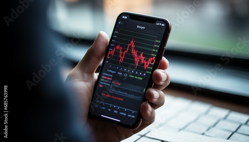 Close up of hand holding smartphone with stock chart trading interface on blur background, Stock Market Exchange Trading Forex Investment Concept. Graphic interface showing stock market financial anal © mh.desing