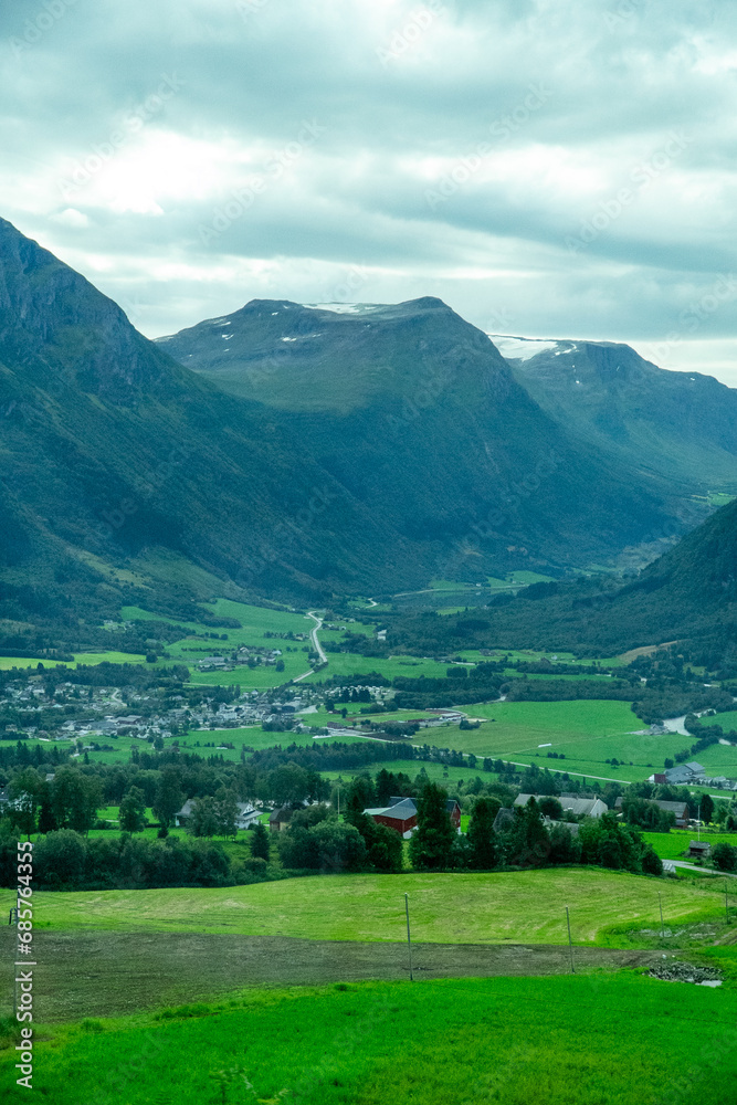 Vertical realistic view of northern fjords of Lofoten