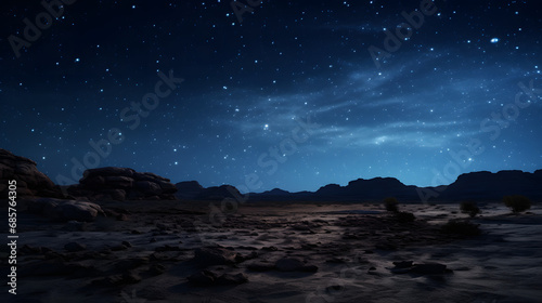Rocky desert landscape under a starry night sky.