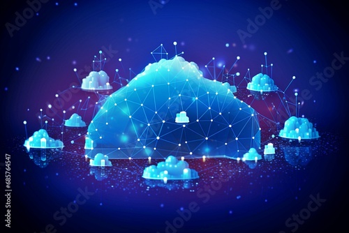 cloud computing technological concept for data transport. In the middle is a sizable, easily recognizable cloud emblem with internal connections. and a little icon on a dark blue background photo