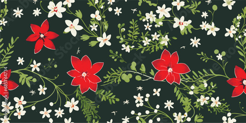 Seamless pattern with hand drawn poinsettia flowers and floral branches and berries, christmas florals.