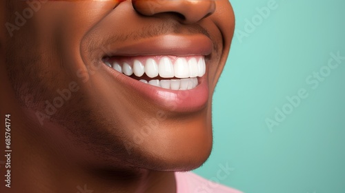 African man s smile with healthy white  straight teeth close-up on one tone background with space for text