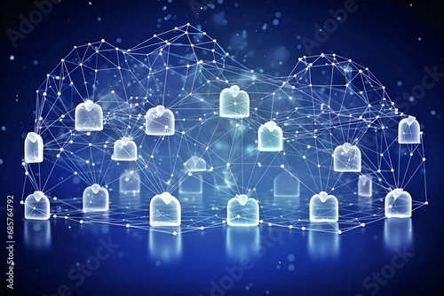 cloud processing. There is a white polygonal interconnected structure inside the data transit and storage concept. Little padlocks strewn around a dark blue background