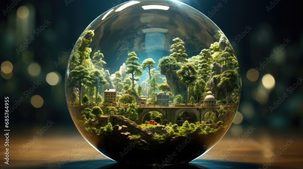 A fictional city in a glass ball, many trees, houses, rocks, a bridge. A fictional city in a glass ball, many trees, houses, rocks, a bridge.