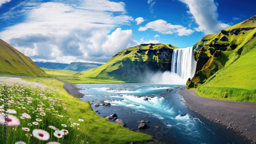 Beautiful landscape of Skogafoss waterfall in Iceland, Europe