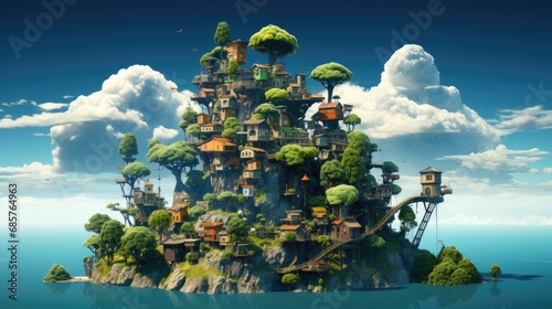  A fictional city on a rock in the ocean, many trees and houses, clouds © juliiapanukoffa