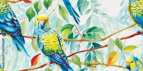 Tropical pattern with Parrot, flowers and green leaves. Vector seamless pattern, tropical illustration in vintage style on beige background