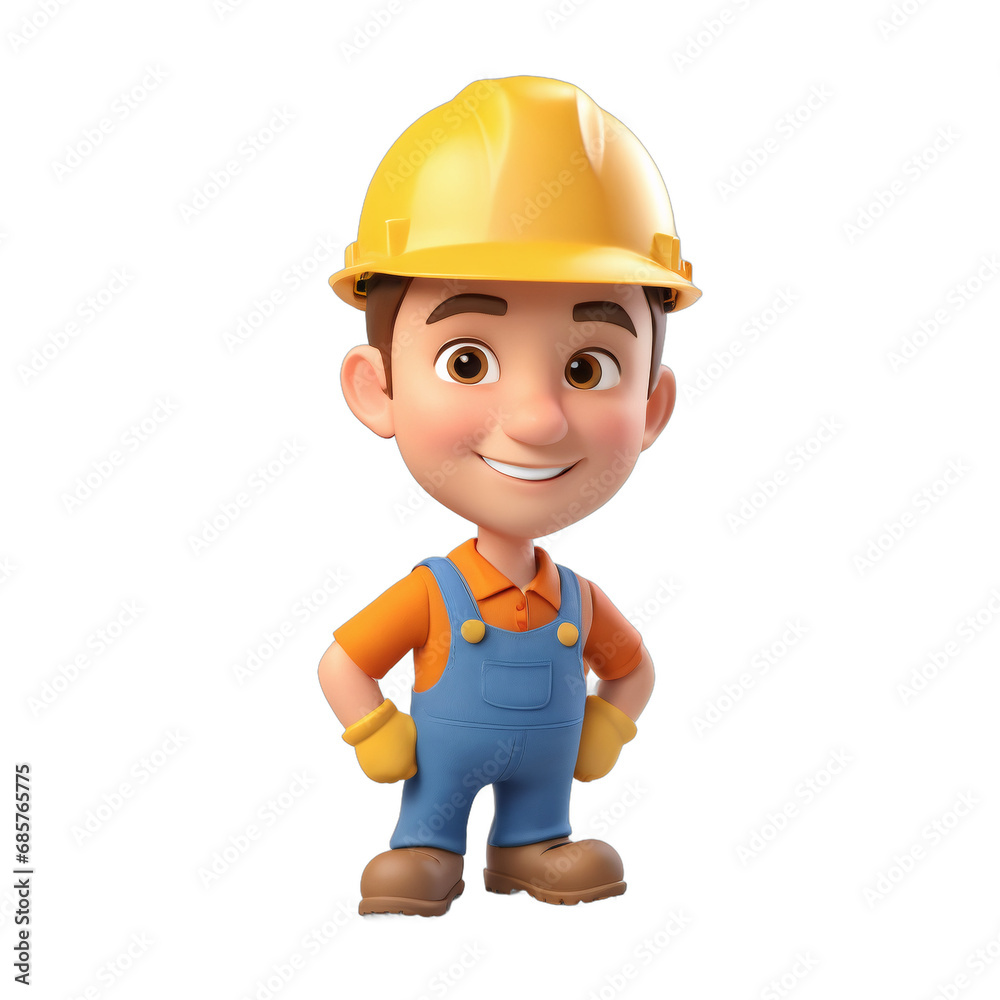 3D illustration of a cartoon character in work clothes with a helmet Isolated on Transparent Background. 3D illustration of a cartoon character in work clothes with a helmet Isolated on Transparent Background.
