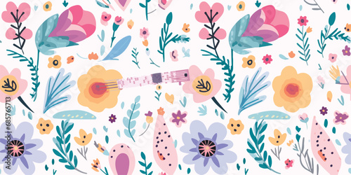 Abstract hand drawn boho flower art seamless pattern illustration. Acrylic paint nature floral with guitar background in vintage art style. Spring summer season painting print