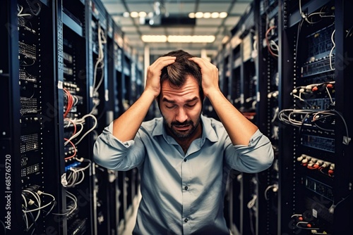 event of a system failure in the network server room and shocked engineer put his hands on his head photo