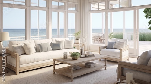 a coastal-inspired lounge featuring light colors natural textures and panoramic windows for a serene and airy coastal retreat © Nature