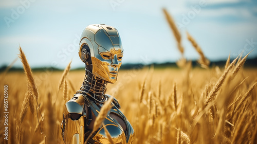 An android golden cybernetic woman in a spring wheat field in a sunny day. © Andrea Raffin