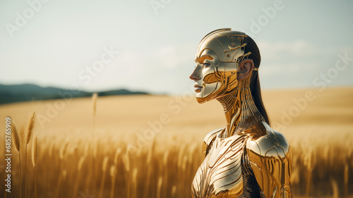 An android golden cybernetic woman in a spring wheat field in a sunny day.