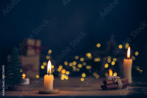 Christmas, New Year's composition. candles, gifts, Christmas trees and garlands