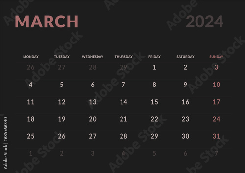 Monthly page Calendar Planner Templates of March 2024. Vector layout of simple calendar with week start Monday for print. Page for size A4 or 21x29.7 cm in dark color