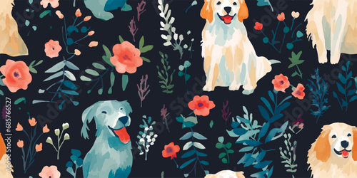 Cute cartoon spring summer dogs and flowers. Vector print pet in garden. Floral seamless pattern