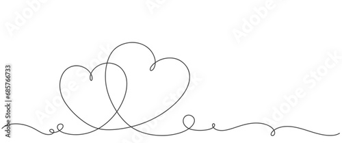 One Continuous line drawing of two hearts with love signs. Thin curls and romantic symbols in simple linear style. . Minimalistic Doodle vector illustration