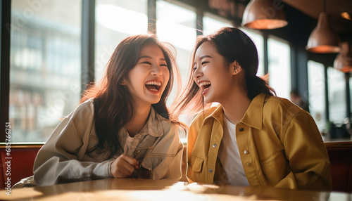 Two millennial girl friends at home on the sofa talking, drinking coffee, discussing. Diverse friends spending fun time together and laughing, chat and talk. Asian and Caucasian model. photo