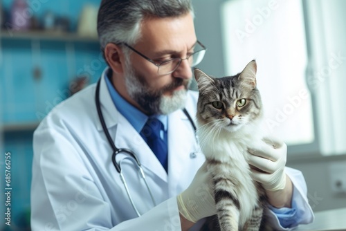 Veterinary cat examination in medical clinic. Vet male man doctor holding pet kitten