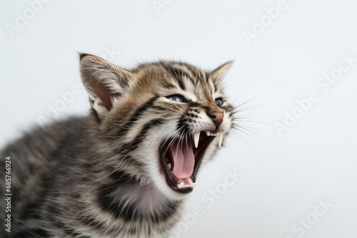 Angry cat with open mouth showing its teeth isolated in white background. Rabies in animals photo