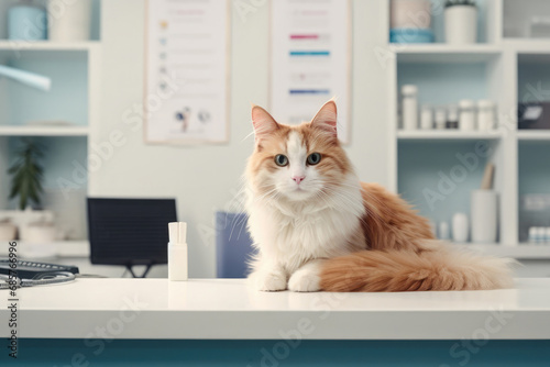 Portrait of a cat patient in vet clinic visit a veterinarian doctor for medical exam photo