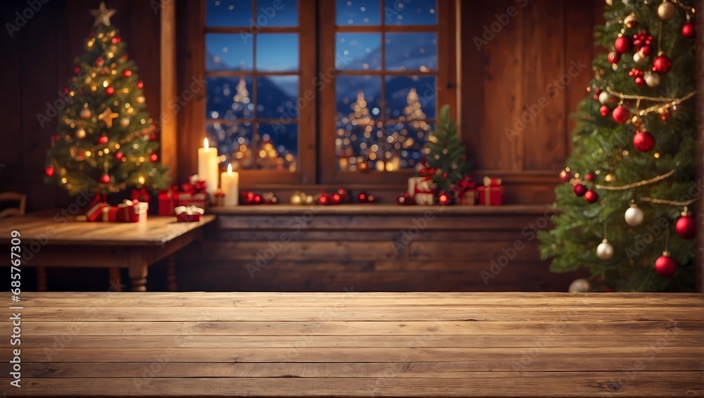 Empty wooden table and blurred Christmas theme in background 