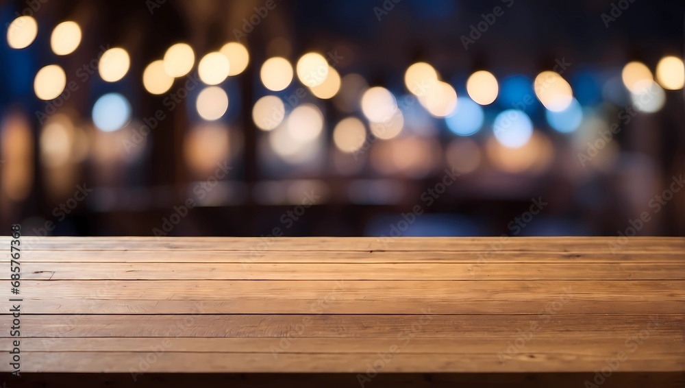 Empty wooden table and blurred light theme in background