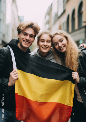 Three German cheerful woman and man friends holding a Germany flag on Berlin city street