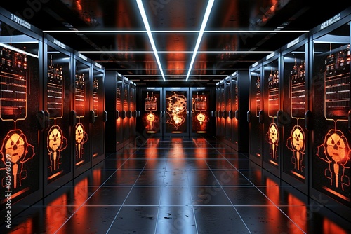 View of a corridor in a fully operational data center, displaying a high-danger skull icon visualization and rack servers and supercomputers.