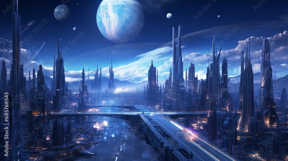 A futuristic cityscape with illuminated skyscrapers and flying vehicles against the backdrop of a starry night sky.