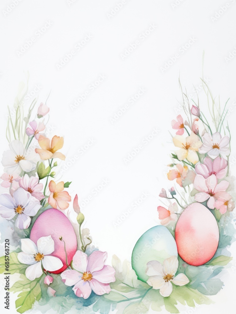 White background in a frame of flowers and Easter eggs. Watercolor. Copy space