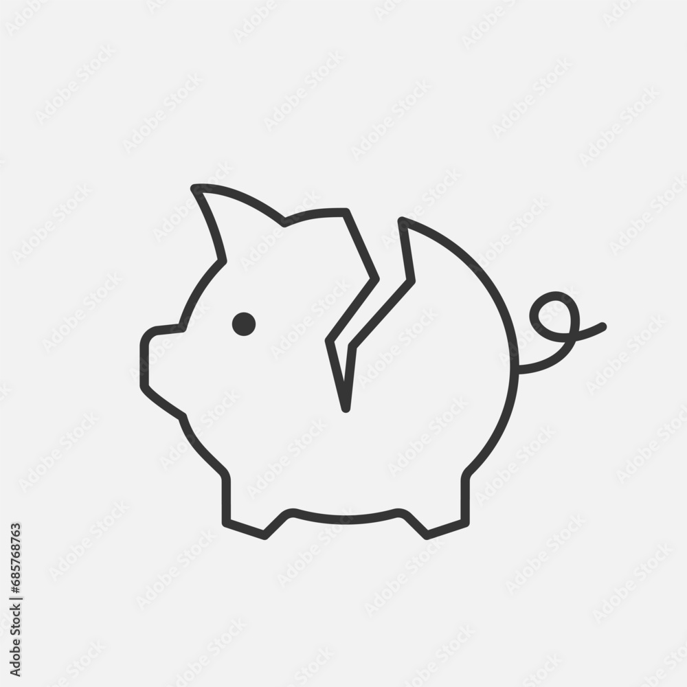 Piggy bank broken line icon.Global crisis, finance problem. Shortage, deficiency concept. Vector Piggy bank broken line icon.Global crisis, finance problem. Shortage, deficiency concept. Vector