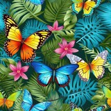 Seamless summer pattern of bright butterflies and ferns