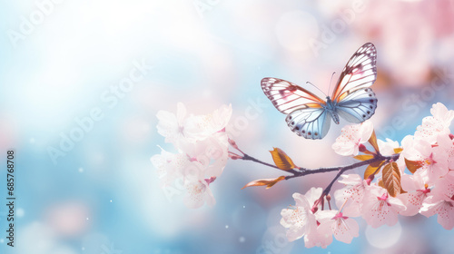 Blooming sakura branch and butterfly as a spring background. Bokeh, copy space