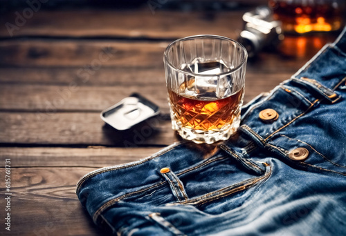 Raffinatezza Maschile- Jeans e Misura con un Tocco di Whiskey su Legno photo