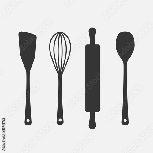 Kitchen item icons collection. Cooking spoon, prepared meal, culinary, bakery symbols. Vector