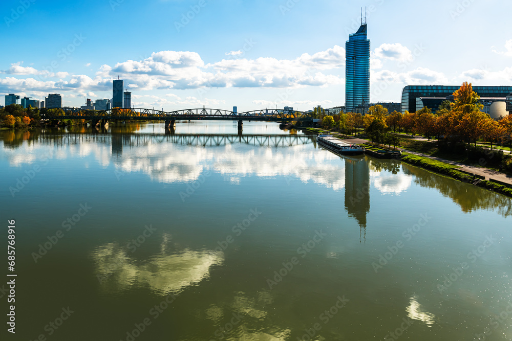 Donaustadt is the district of Vienna, Austria. Danube with  Bridge, skyscrapers and business centres in Vienna, Austria.