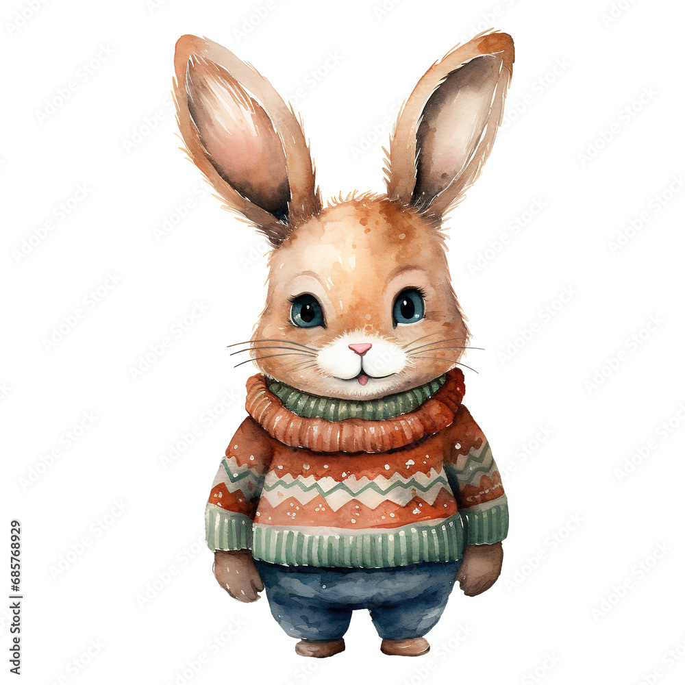 watercolor of a rabbit wearing a sweater. AI generated image