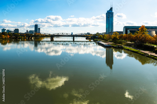 Donaustadt is the district of Vienna, Austria. Danube with  Bridge, skyscrapers and business centres in Vienna, Austria. photo