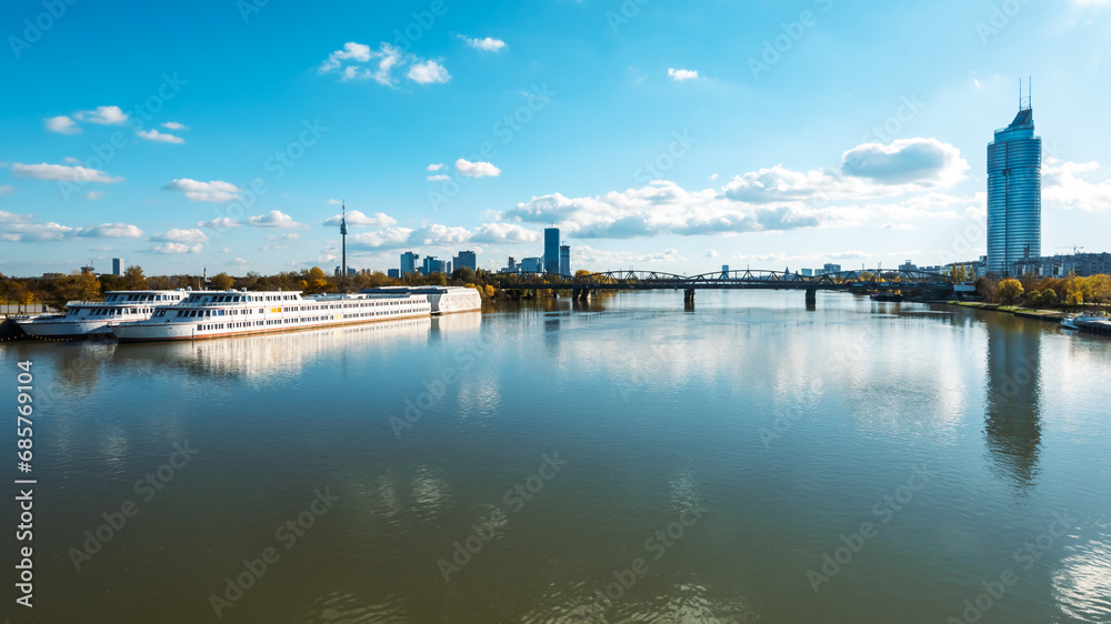 Donaustadt is the district of Vienna, Austria. Danube with  Bridge, skyscrapers and business centres in Vienna, Austria.
