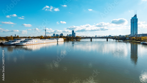 Donaustadt is the district of Vienna, Austria. Danube with Bridge, skyscrapers and business centres in Vienna, Austria.
