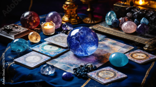 Beautiful esoteric and mystical altar for meditation with crystals and semi-precious stones © Natalia Klenova