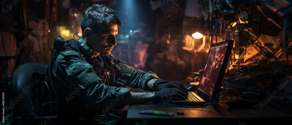 Portrait of soldier wearing a military uniform, operating at his computer. Soldier operating laptop. cyberpunk style