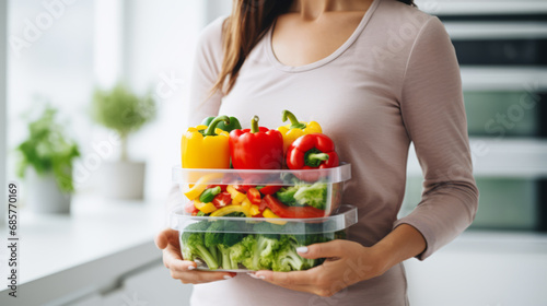 Woman holding plastic containers with fruits and vegetables.