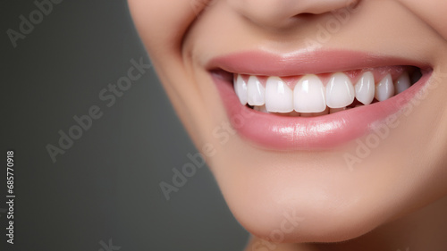 Beautiful woman's smile with healthy white, straight teeth close-up on one tone background with space for text