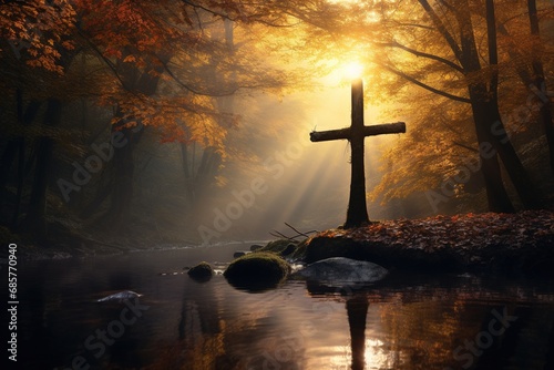 Cross in the forest with sun rays coming through the trees