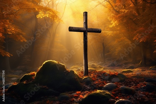 Cross in the forest with sun rays coming through the trees