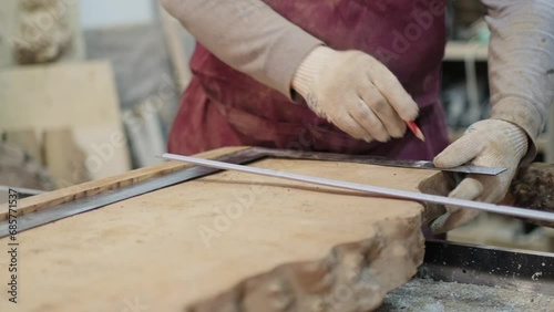 Craftsman marks wood with a ruler and pencil. Precision in handcraft aligns with the bespoke furniture trend. photo