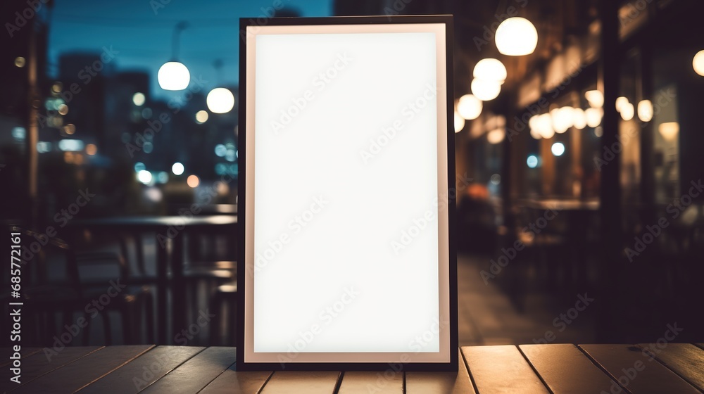 Generative AI, poster mock up for logo design, brand presentation, aesthetic muted neutral colors, on blurred night bar or restaurant background